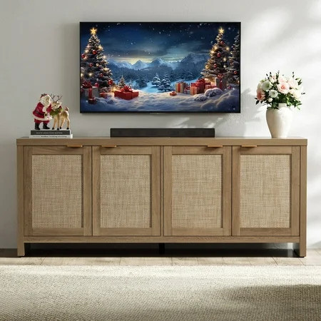SICOTAS 61.5"W Rattan TV Stand with 4 Doors, Boho Entertainment Center with Adjustable Shelves & Spacious Countertop – Large Boho Farmhouse Media Console for Living Room, Reclaimed Caramel Oak | Walmart (US)