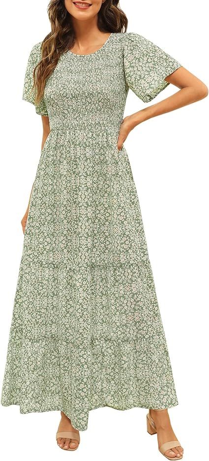 Kranda Women's Round Neck Short Flutter Sleeve Smocked Ruffle Floral Maxi Dress | Amazon (US)