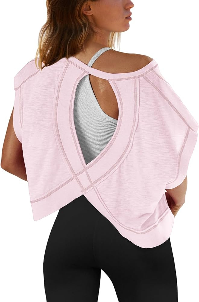 SENSERISE Womens Open Back Workout Tops Backless Short Sleeve Athletic Shirt Running Crop Top Gym... | Amazon (US)