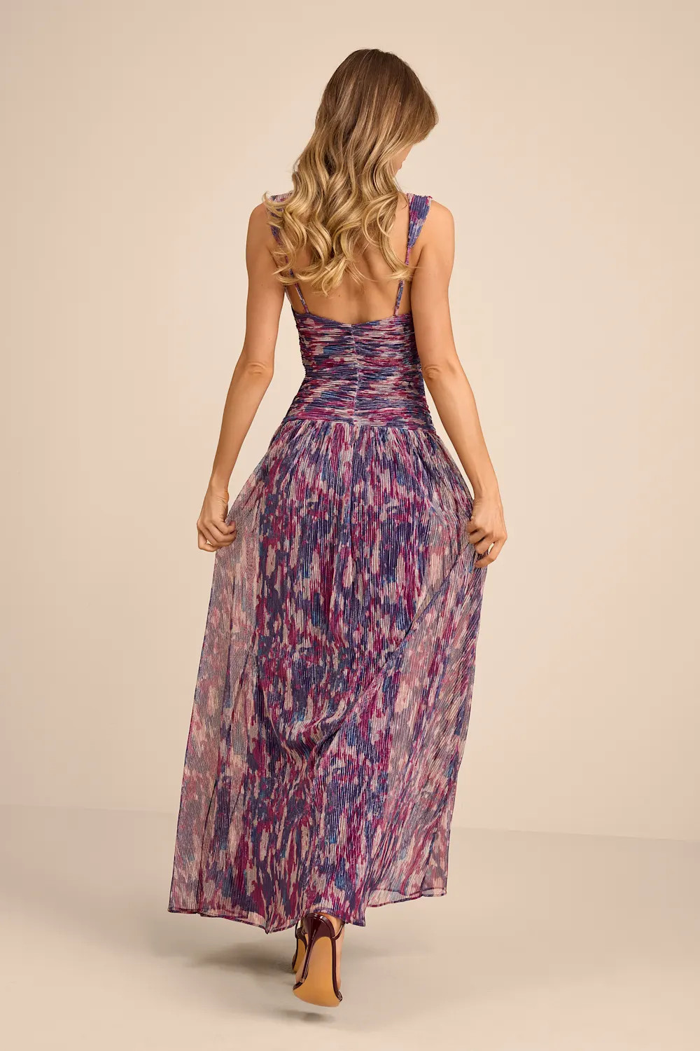 Evaluna Purple Abstract Print Lurex Pleated Maxi Dress | Lulus