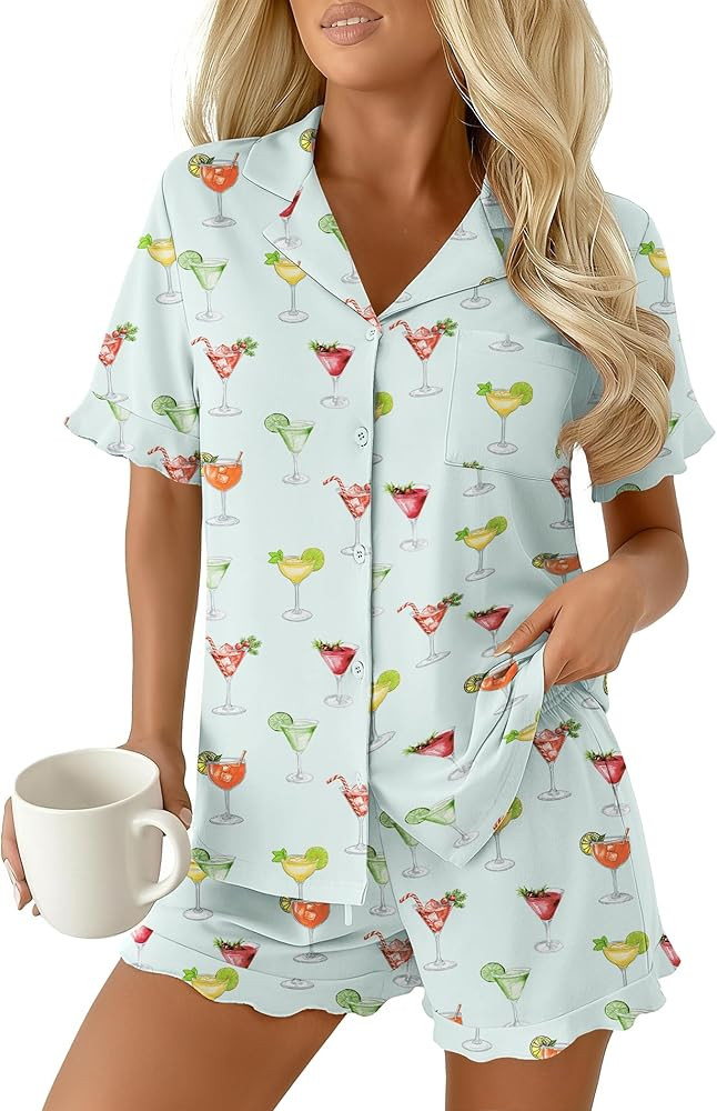 Ekouaer Pajamas Set for Women Button Down Pjs Lounge Sets Ruffle Short Sleeve Sleepwear Cute Loun... | Amazon (US)