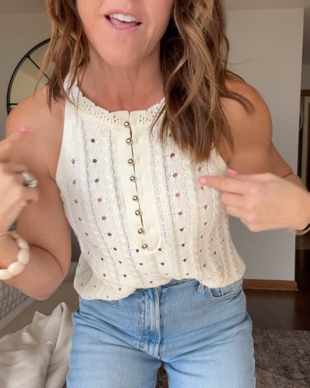 Who else loves a girly Spring sweater!? 
Open knit, pretty lace trim and gold buttons. XS 
Nude bra underneath. 
Spring style ideas 

#LTKOver40 #LTKootd #LTKSeasonal