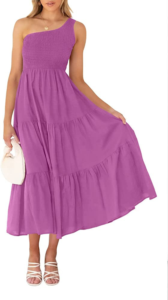 ZCSIA Women's 2023 Summer Boho One Shoulder Sleeveless Solid Color Ruffle Beach Party Tiered Midi... | Amazon (US)