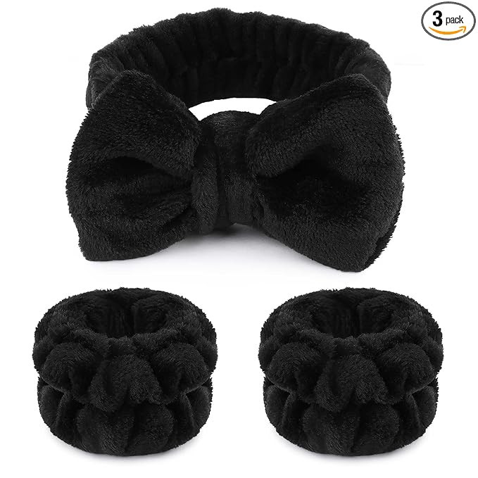 WSYUB Makeup Headbands, 1pcs Black Spa Headband Fluffy Bow Tie Headband Microfiber Face, and 2Pcs... | Amazon (US)