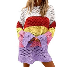 Langwyqu Womens Summer Crochet Swimsuit Coverup Long Sleeve Color Block Bathing Suit Swimwear Cov... | Amazon (US)