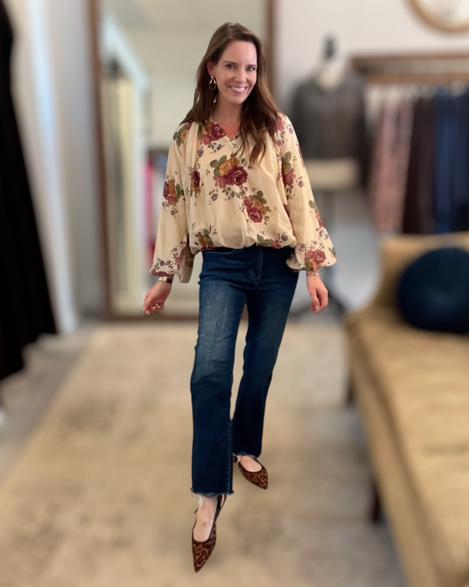 Garden Daydream Floral Blouse + Cropped Flare Jeans 🤍🌸

This is one of those easy, feel-good outfits that works for so many occasions. The romantic floral blouse has the prettiest soft ivory base with vintage-inspired blooms and billowy sleeves that give it that effortless, feminine look. I paired it with cropped flare jeans for a flattering, everyday silhouette and finished it off with leopard slingback flats for a fun pop of pattern. This combo is perfect for casual days, brunch, errands, or even a relaxed office look when you want to feel polished but comfortable. Everything is linked so you can recreate the full outfit head to toe ✨🐆

floral blouse outfit, romantic floral top, fall floral blouse, cropped flare jeans women, everyday casual outfit, leopard flats outfit, slingback flats, women’s boutique style, casual chic outfit ideas, affordable women’s fashion, transitional season outfit, neutral floral top, polished casual look

#LTKOver40 #LTKFindsUnder50 #LTKFindsUnder100