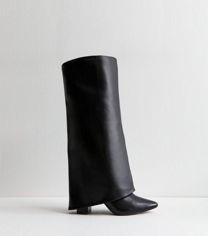 Black Foldover Leather Look Knee High Boots 
						
						Add to Saved Items
						Remove from Sa... | New Look (UK)