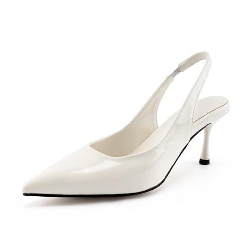 DREAMCIA Women's Pumps White Slingback Heels Pointed Toe Sling Back Kitten Heels Women Metallic Slingback Pumps Bride Dresses Wedding Shoes 10.5 | Amazon (US)