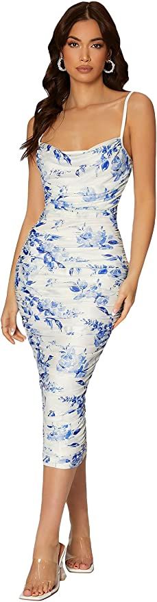 Floerns Women's Floral Print Spaghetti Strap Draped Neck Bodycon Midi Dress | Amazon (US)