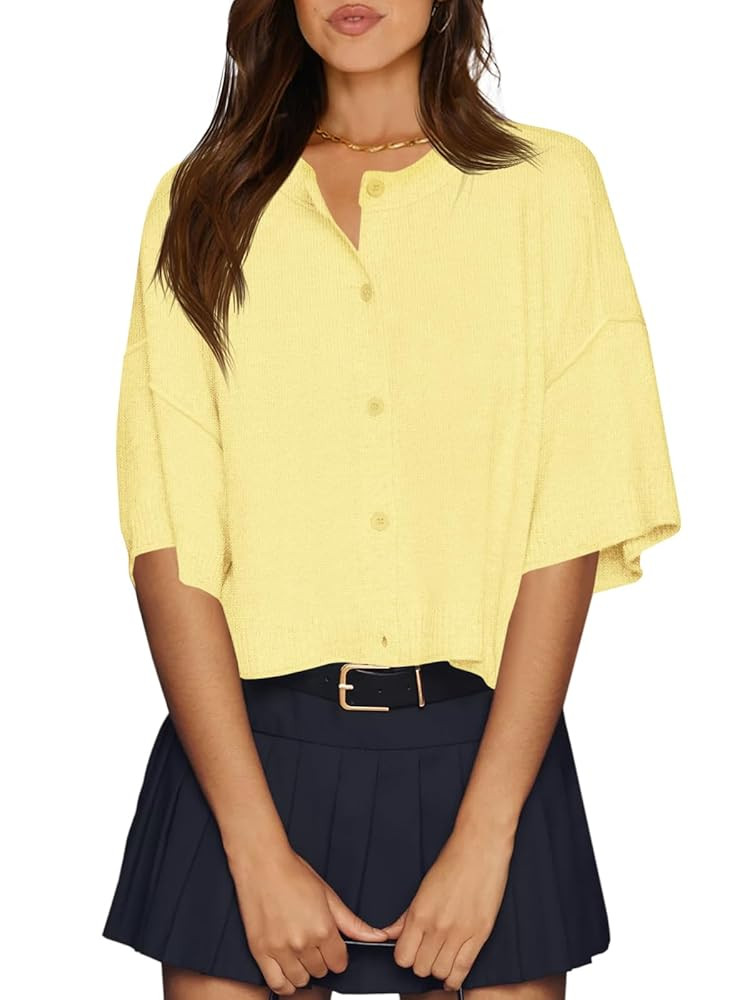 Cicy Bell Womens Half Sleeve Cardigan Sweaters Cropped Button Down Tops Oversized Lightweight Rib... | Amazon (US)