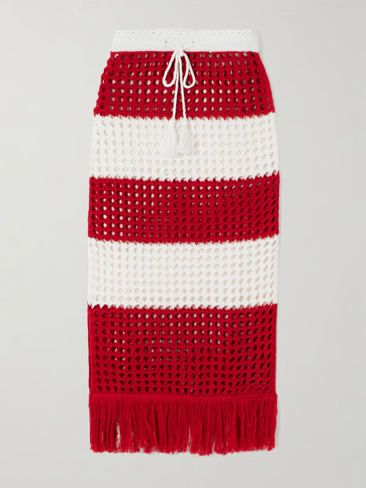 Farm Rio - Fringed Striped Crocheted Cotton Midi Skirt - Red | NET-A-PORTER (US)
