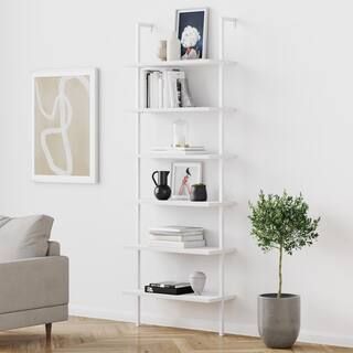 Nathan James Theo 85 in. Matte White Reclaimed Wood 6-Shelf Tall Ladder Bookshelf Wall Mount Book... | The Home Depot