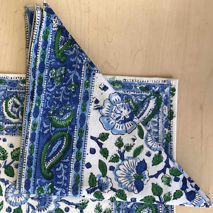 Handmade 100% Cotton Floral Block Print Napkin Table Linen Blue Green 19" x 19" | Amazon (US)