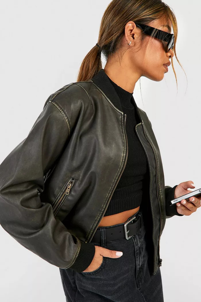 Vintage Look Faux Leather Oversized Cropped Bomber Jacket | boohoo (US & Canada)