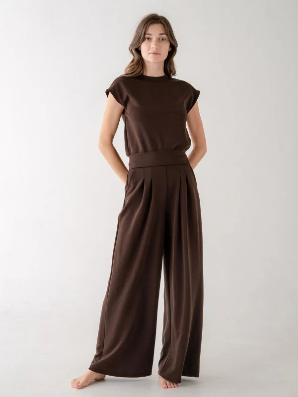 Livie Pleated Wide Leg Loose Pants - Coffee Brown | Benaar La