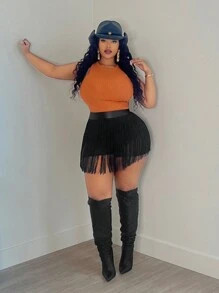 Slaydiva Plus Size Summer Music Festival PU Black Knitted Elastic Shorts | SHEIN