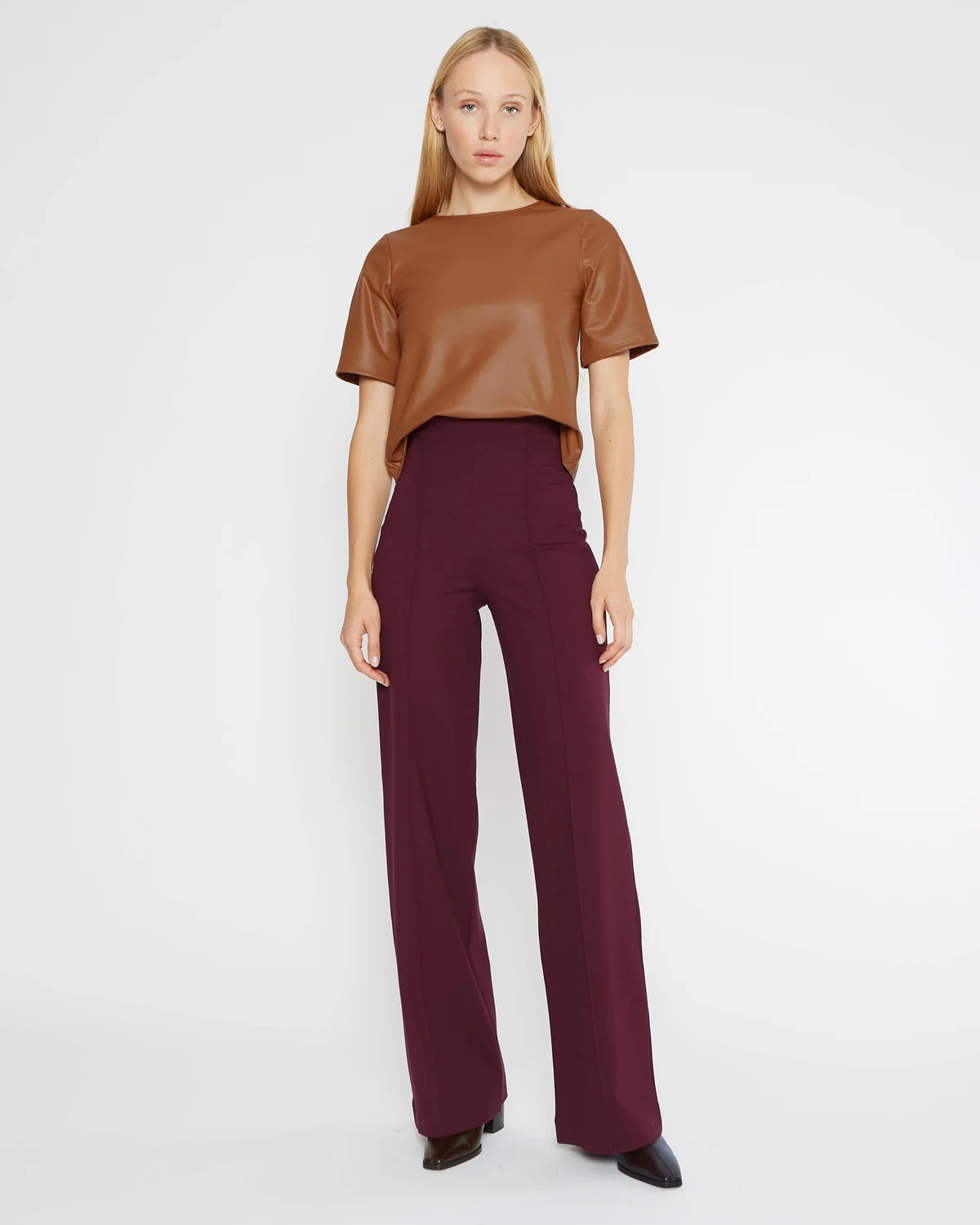Camel Vegan Leather Short Sleeve Top Extended | Ripley Rader