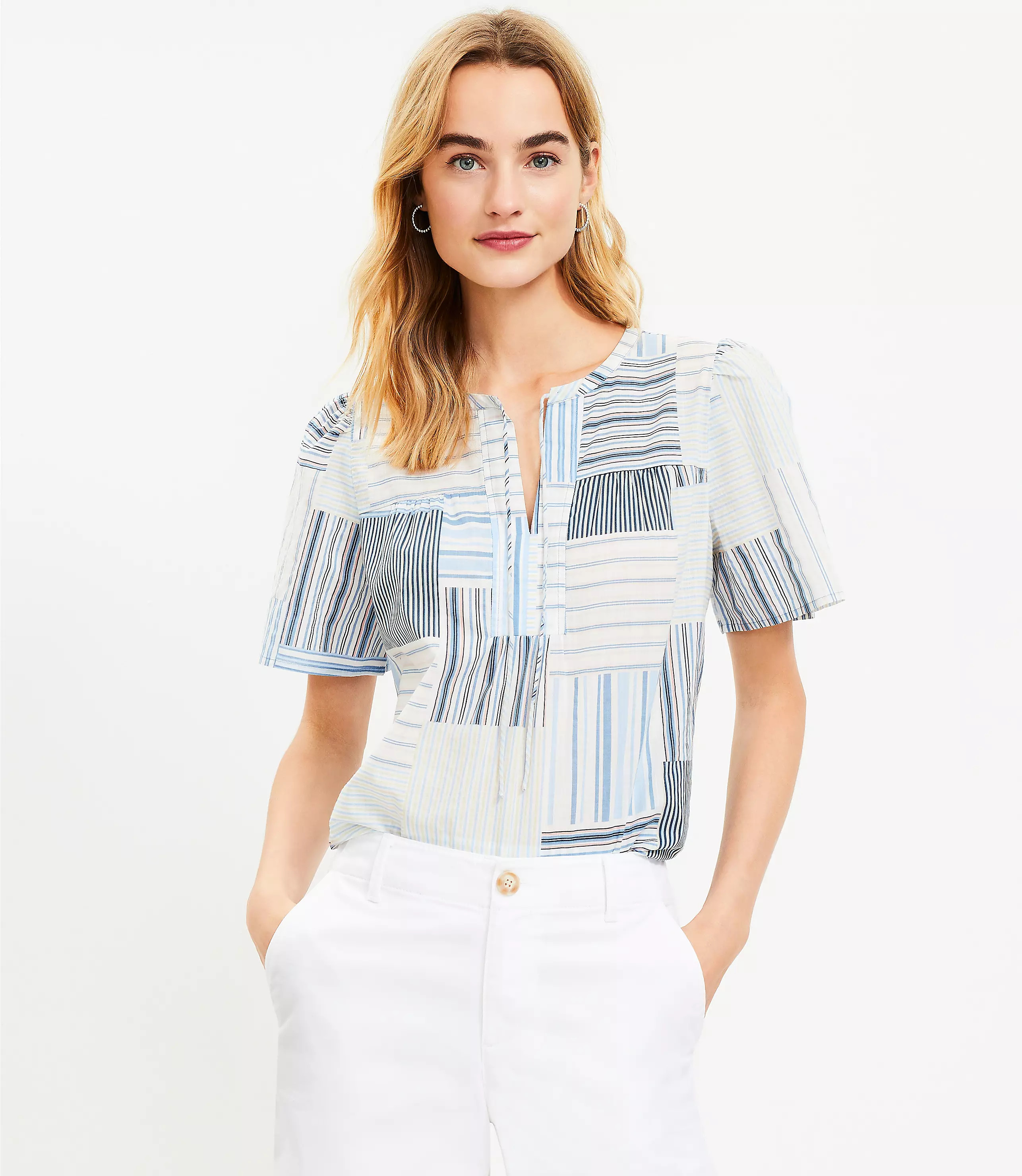 Striped Patchwork Tie Neck Top | LOFT