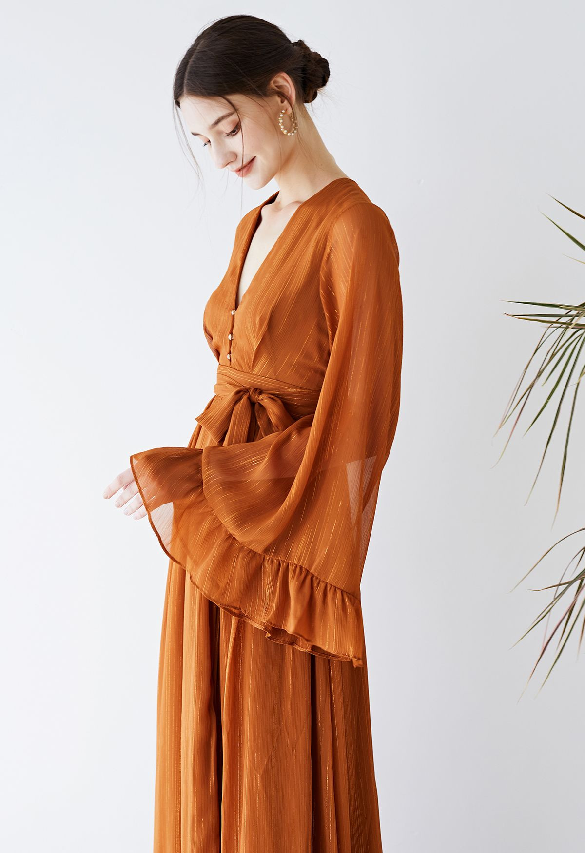 Metallic Shimmer Chiffon Ruffle Sleeve Maxi Dress in Rust | Chicwish