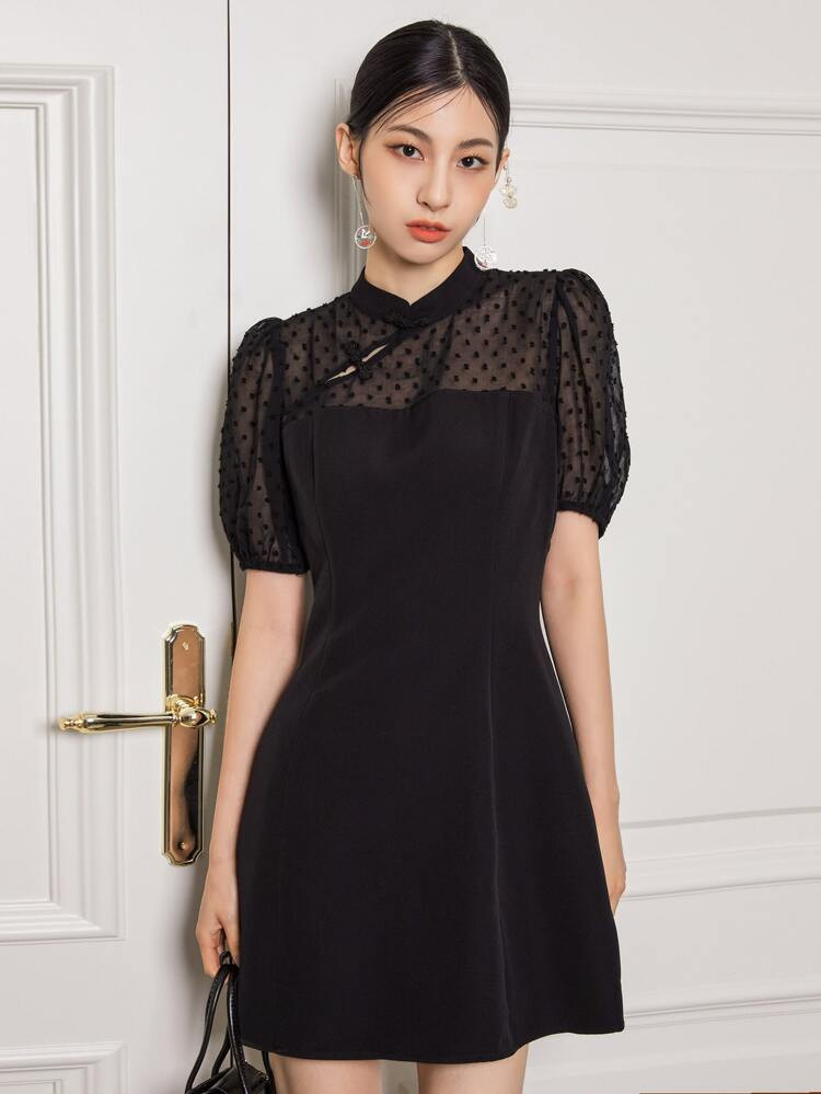 DAZY Dobby Mesh Insert Puff Sleeve Dress | SHEIN