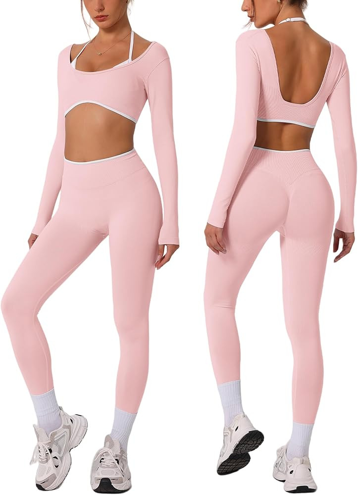 Workout sets for women Long Sleeve Adjustable halter strap Crop Top and Anti-squat Pants for gym,... | Amazon (US)