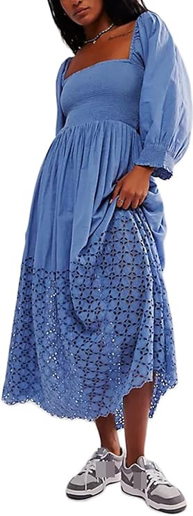 Women Bohemian Embroidered Floral Dress 2024 Casual Puff Long Sleeve Maxi Dresses Boho Flowy Ruff... | Amazon (US)