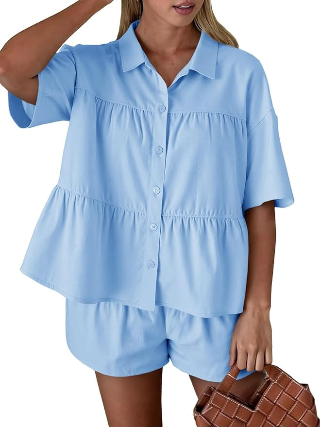 Cicy Bell Womens 2 Piece Outfits Summer Pleated Button Down Shirts High Waisted Shorts Lounge Set... | Amazon (US)