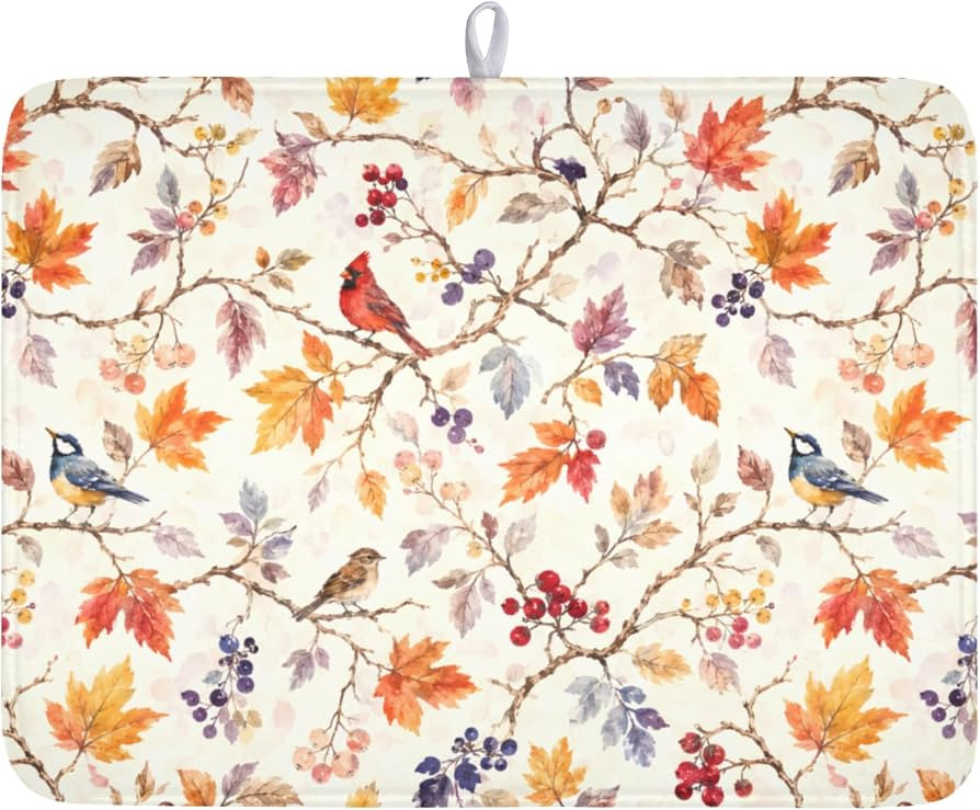 Fall Dish Drying Mat for Kitchen Counter Autumn Harvest Watercolor Maple Leaves Birds Dish Draine... | Amazon (US)