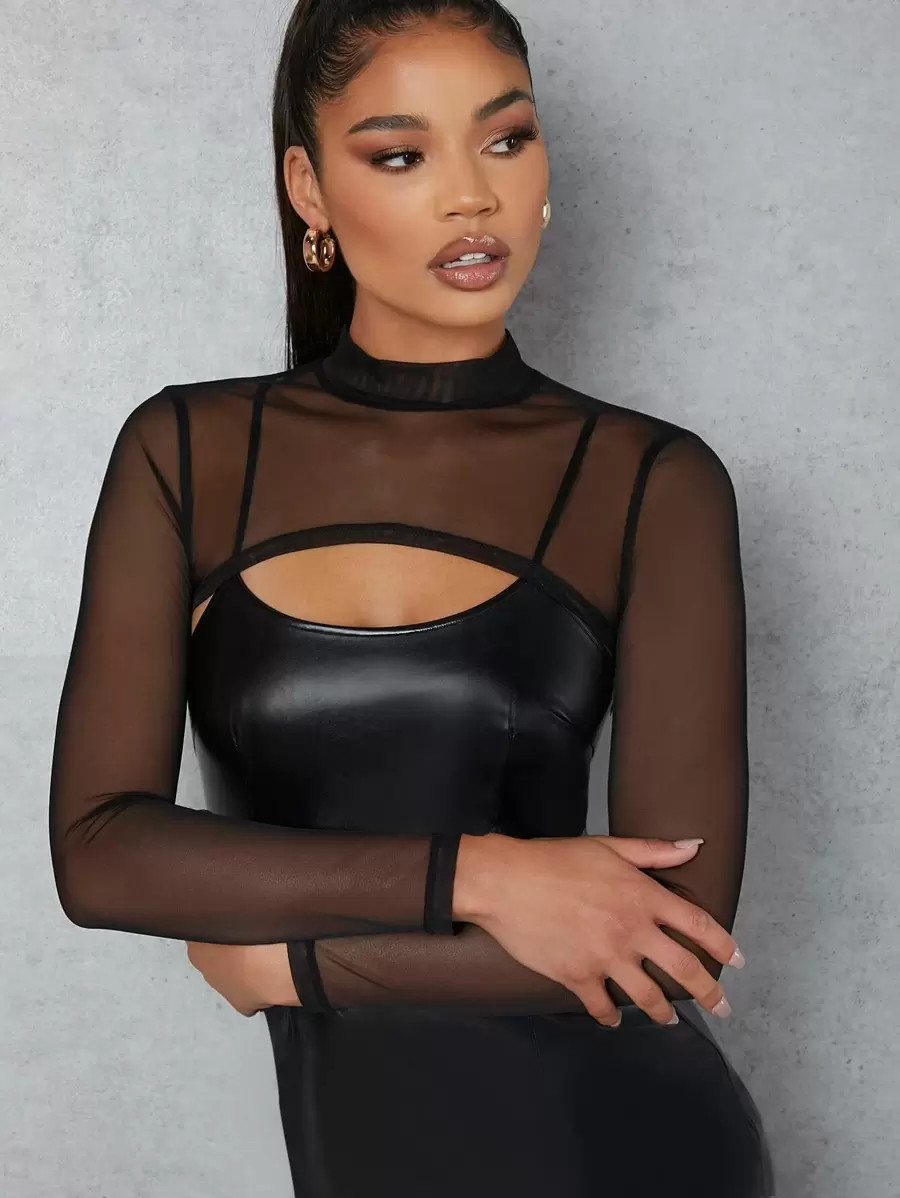 SHEIN Mock-neck Super Crop Mesh Top | SHEIN