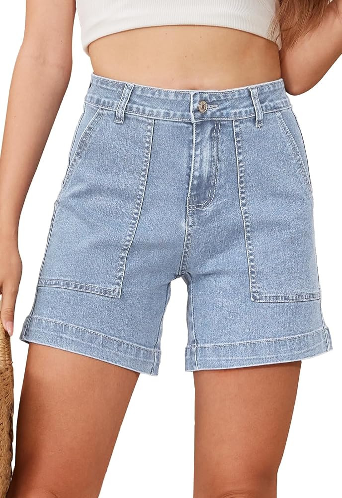 Metietila Women's Summer Stretch Jean Shorts with Pockets Casual High Waisted Denim Shorts | Amazon (US)