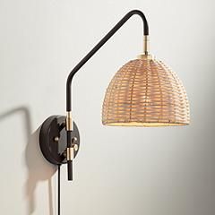 Vega Bronze and Brass Rattan Shade Plug-In Wall Lamp | Lamps Plus