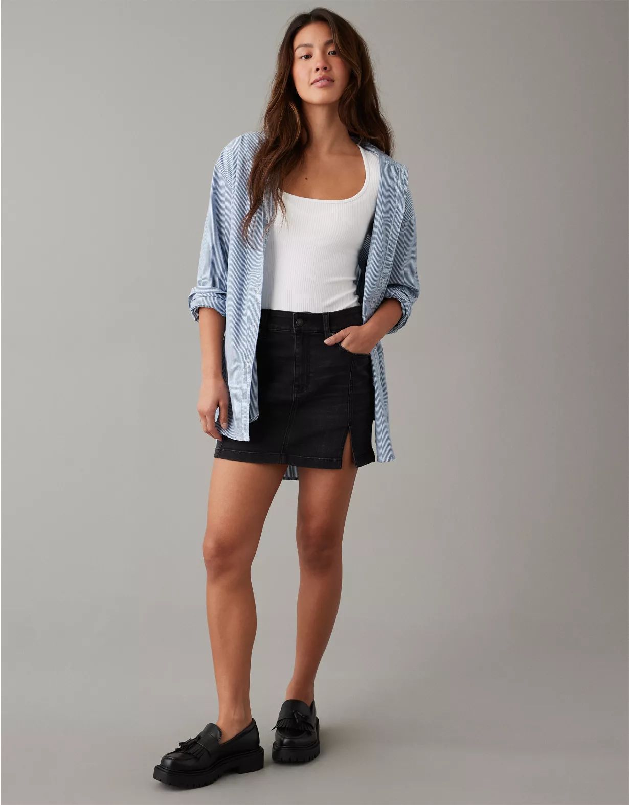 AE Next Level High-Waisted Denim Mini Skirt | American Eagle Outfitters (US & CA)