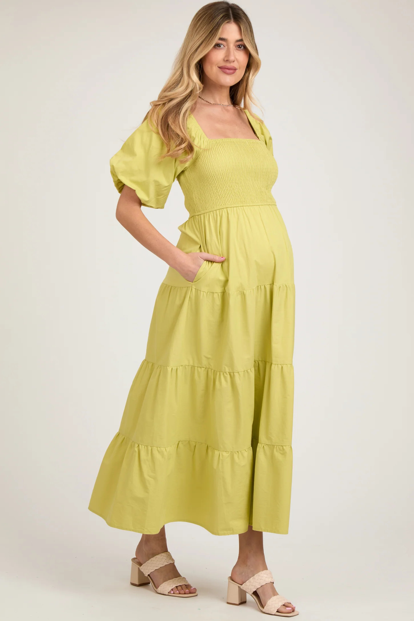 Light Olive Smocked Square Neck Puff Sleeve Tiered Maternity Maxi Dress | PinkBlush Maternity