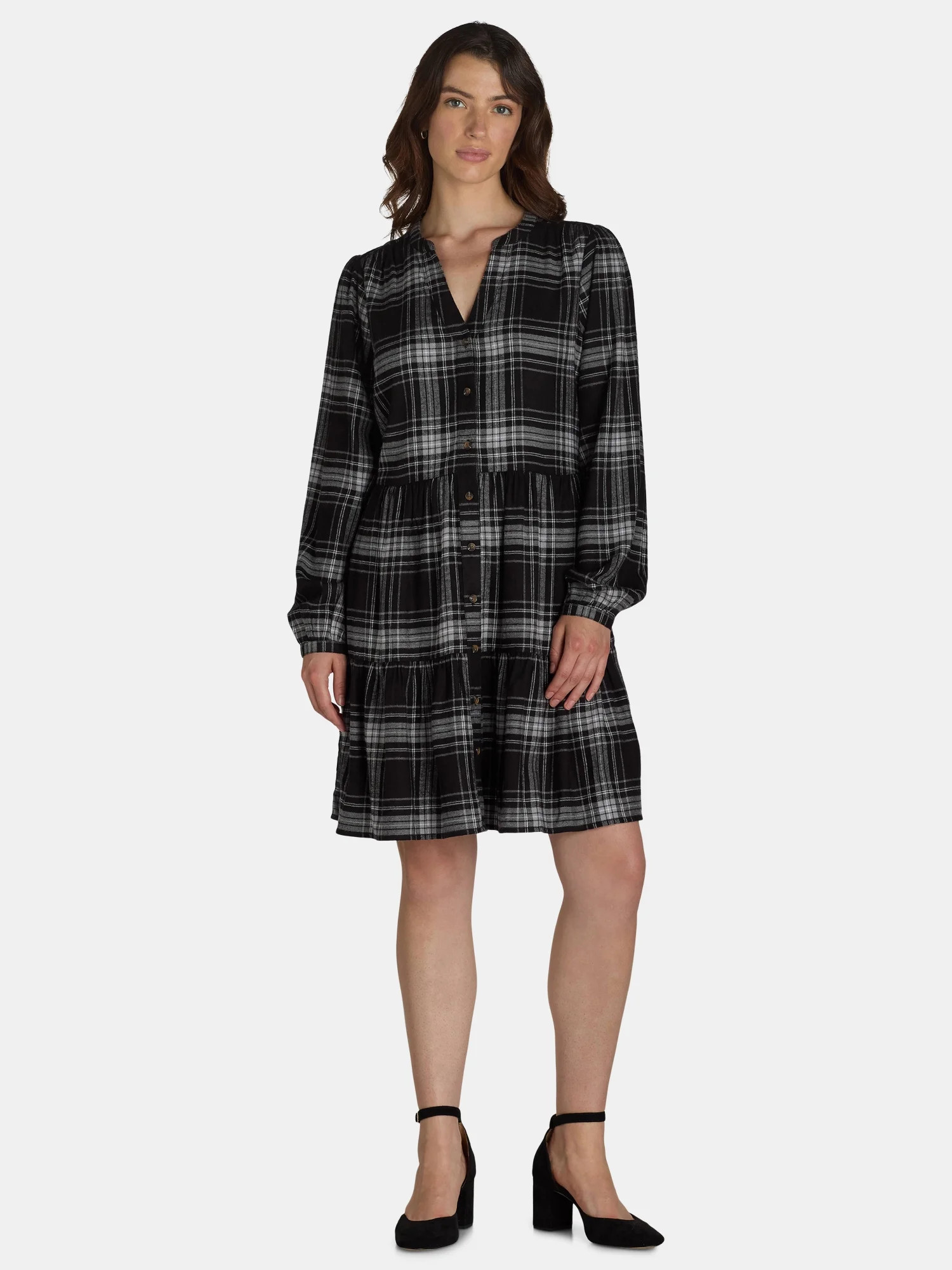 Time And Tru Women's and Women's Plus Tiered Plaid Shirt Dress, Sizes XS-4X | Walmart (US)