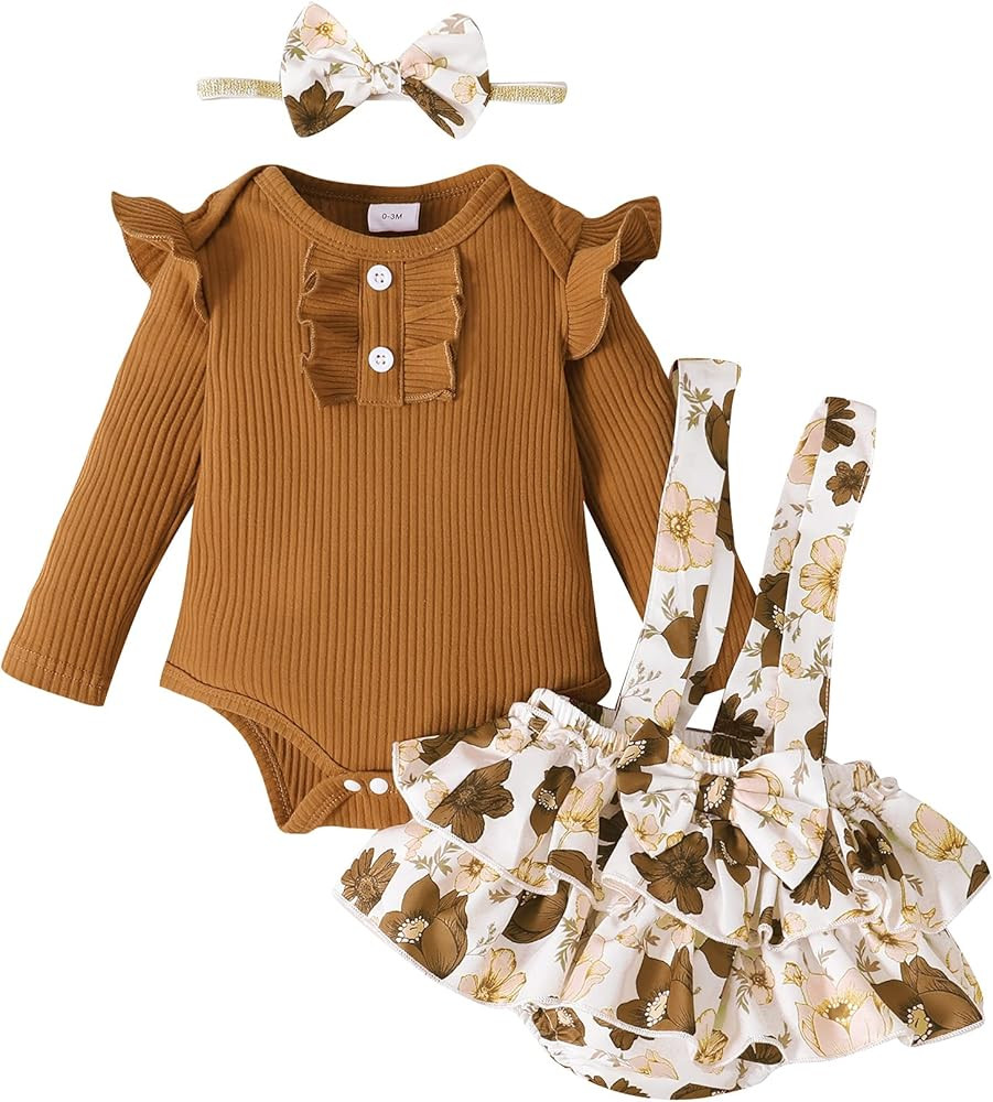 Newborn Infant Baby Girl Clothes Romper Set Floral Outfits Fall Cute Suspender Shorts Headband 3P... | Amazon (US)