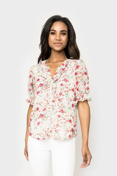 Elbow Sleeve Ruffle Trim V-Neck | Gibson