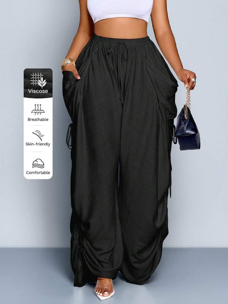 Women's Solid Color Casual Loose Drawstring Pants With Drawstring Pockets, Elastic Waist, Solid C... | SHEIN