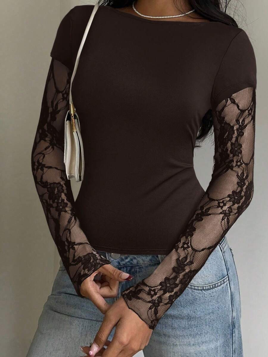 SHEIN EZwear Women Casual Coffee Brown Knit Lace Patchwork Long Sleeve Top, Summer | SHEIN