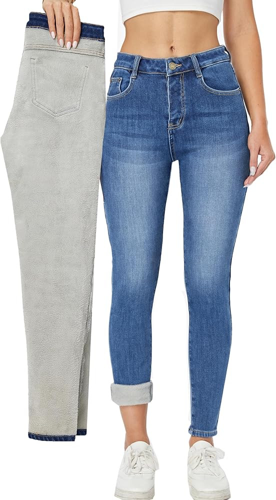 heipeiwa Women's Winter Jeans Fleece Lined Jeans Thermal Thick Skinny Denim Pants Slim Stretch Wa... | Amazon (US)