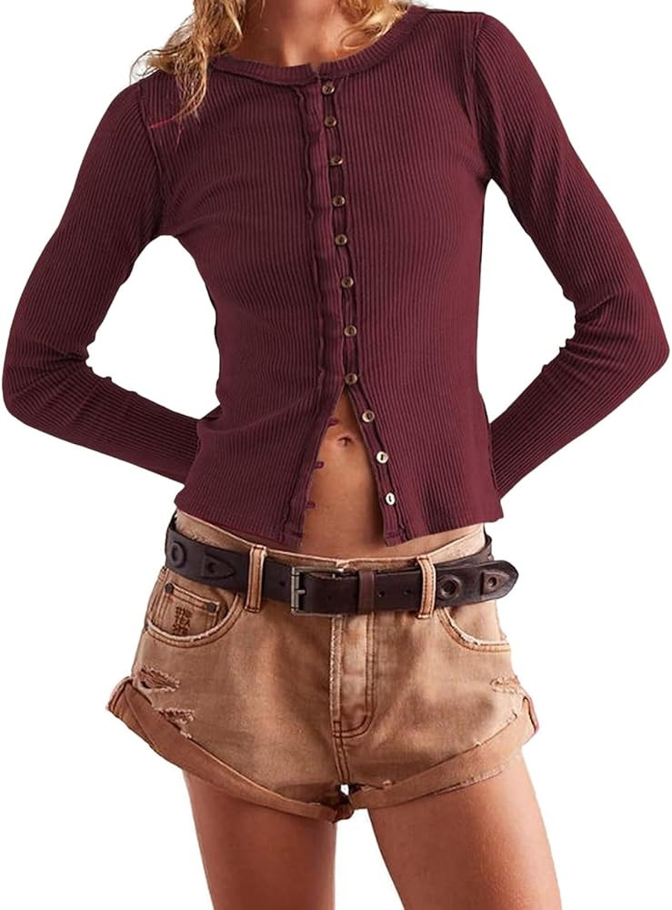 Womens Slim Fitted Cardigan Long Sleeve Y2K Ribbed Tops Button Down Shirts | Amazon (US)