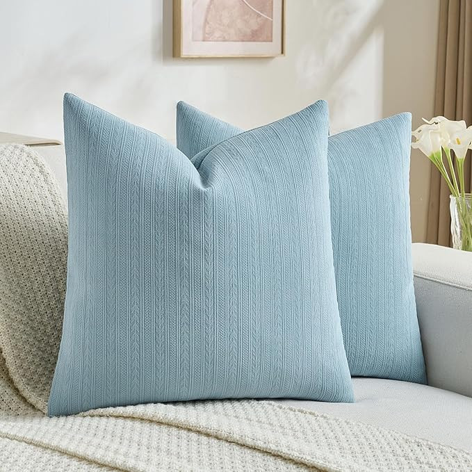 FUTEI Denim Blue Decorative Throw Pillow Covers 18x18 Inch Set of 2,Soft Cozy Wheat Ear Striped P... | Amazon (US)