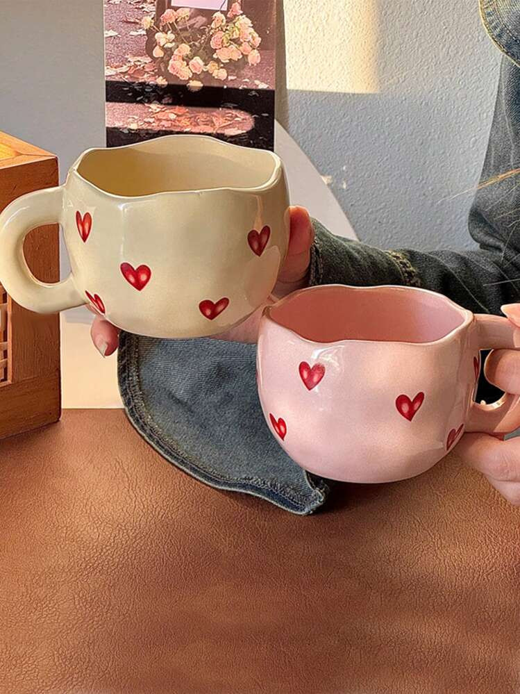 Creative Heart-Shaped Ceramic Cup, High Quality Household Water Cup, Cute Office Coffee Mug, Suitable For Couples Back To School Back To School | SHEIN