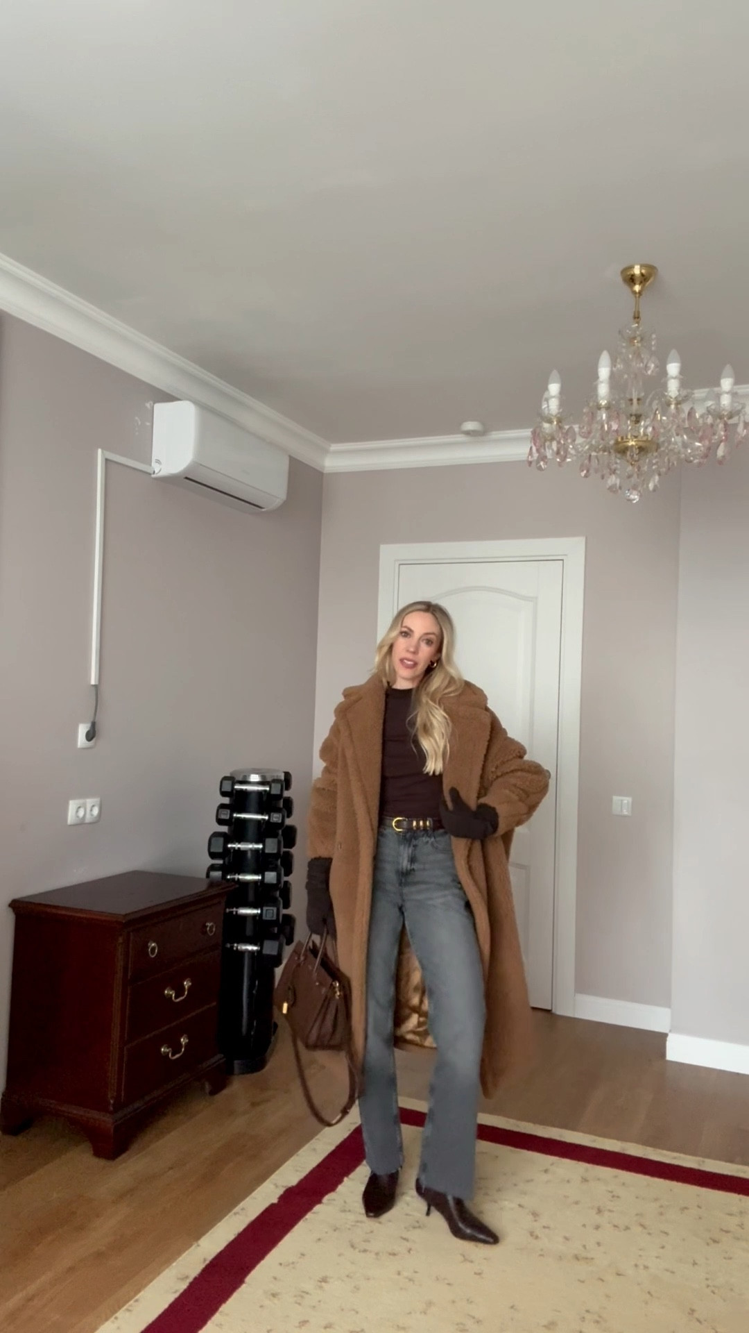 Camel and dark brown, teddy coat outfit, Max Mara teddy coat, Zara chocolate brown mockneck tee, Zara gray jeans, chocolate brown kitten heel boots, Mango suede long gloves

#LTKFindsUnder50 #LTKgrwm #LTKShoeCrush