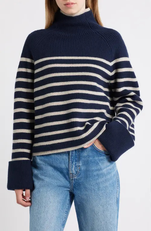 rag & bone Stripe Wool Cuff Sleeve Funnel Neck Sweater in Navy at Nordstrom, Size Small | Nordstrom