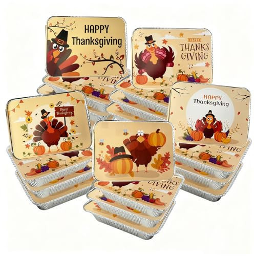 Findful 50 Pack Thanksgiving Aluminum Pans with Lids - 8.5x6 Inch Disposable Foil Pans (2.25lb Capacity), 5 Holiday Print Designs, foil containers with lids for Baking, Cooking, Leftovers | Amazon (US)