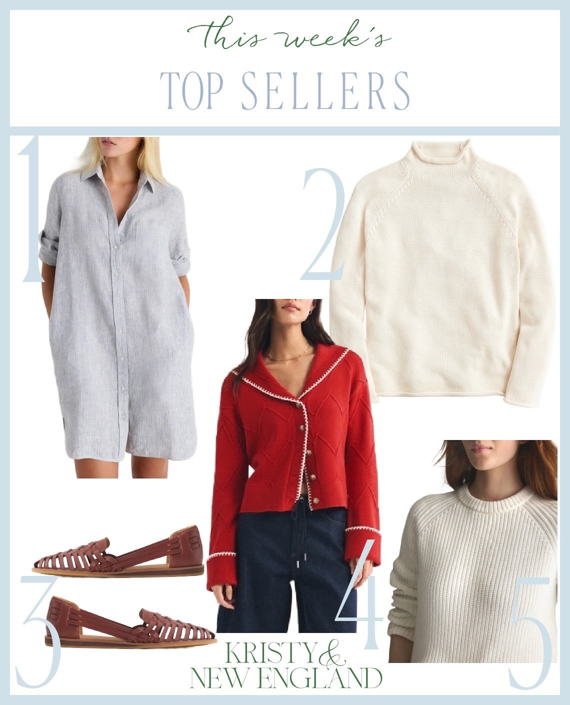Top sellers: linen striped shirtdress/cover-up, rollneck sweater, huaraches, red sailor cardigan, fisherman sweater

#LTKSeasonal #LTKOver40