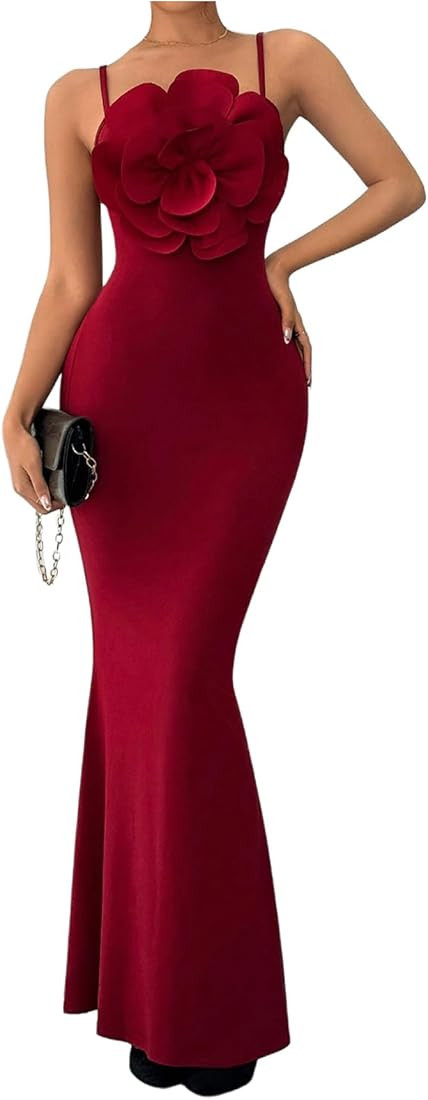 GORGLITTER Women's 3D Floral Wedding Guest Dress Spaghetti Strap Bodycon Maxi Dresses | Amazon (US)
