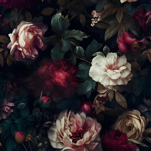Fvlow Dark Flower Wallpaper Black Floral Peel and Stick Wall Paper 17.4" x 118" Vintage Romantic Contact Paper Waterproof Self Adhesive Goth Witchy Covering for Bedroom Cabinet Bathroom Home Decor Red | Amazon (US)