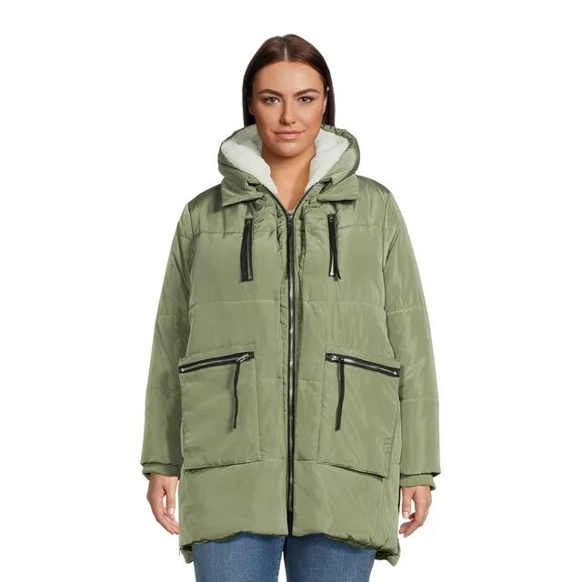 Jason Maxwell Plus Women's Poly Puffer Coat w/ Sherpa Lined Hood | Walmart (US)