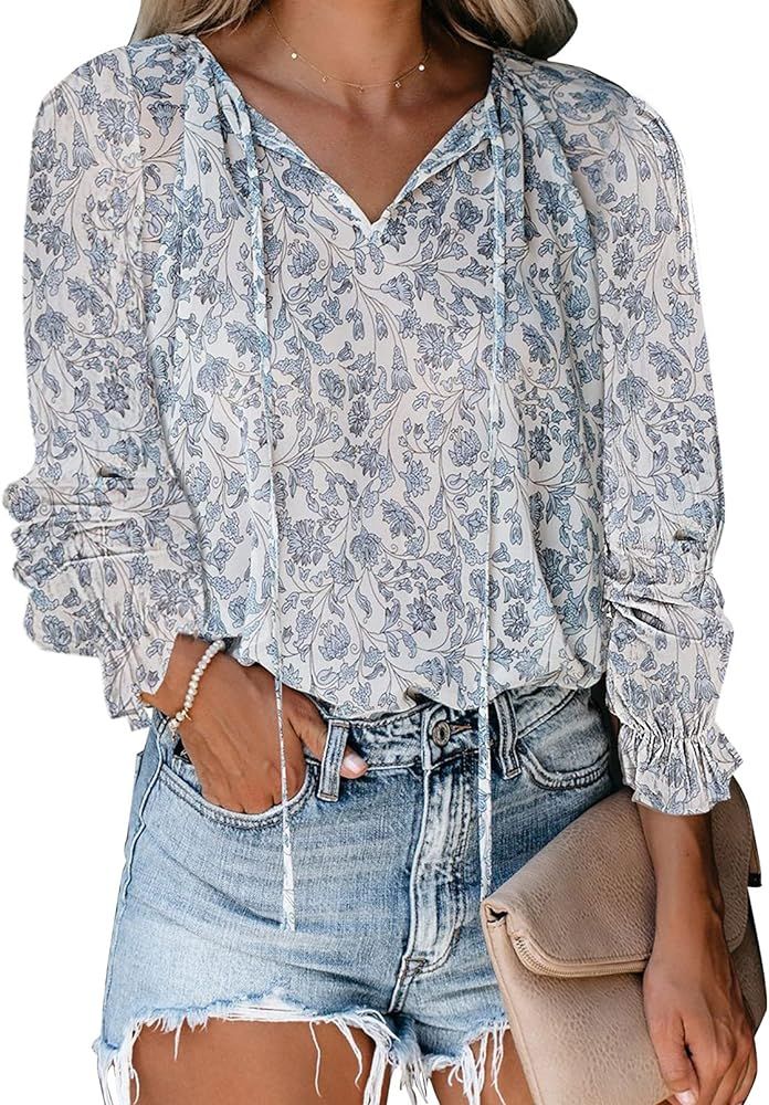 FARYSAYS Women's 2023 Summer Boho Tops Floral Print V Neck Short Sleeve Casual Loose Blouses Shir... | Amazon (US)